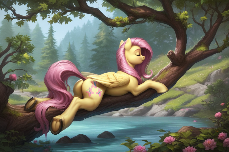 Size: 1152x768 | Tagged: suggestive, ai content, derpibooru import, machine learning generated, prompter:foxpony, stable diffusion, fluttershy, pegasus, pony, butt, eyes closed, female, flower, flutterbutt, forest, frog (hoof), g4, generator:pony diffusion v6 xl, hooves, image, lying down, mare, nature, plot, png, prone, scenery, smiling, solo, solo female, sploot, tree, tree branch, underhoof, water