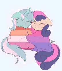 Size: 1357x1563 | Tagged: safe, artist:trash-art06, derpibooru import, bon bon, lyra heartstrings, sweetie drops, earth pony, pony, unicorn, bisexual pride flag, duo, eyes closed, female, g4, happy, horn, hug, image, jpeg, lesbian, lesbian pride flag, lyrabon, pride, pride flag, pride month, shipping, simple background, smiling