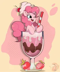 Size: 1741x2090 | Tagged: safe, artist:joaothejohn, derpibooru import, pinkie pie, earth pony, pony, blushing, chantilly, cherry, chocolate, cute, diapinkes, drink, female, food, happy, image, jpeg, mare, milkshake, one eye closed, open mouth, open smile, simple background, smiling, straw, strawberry