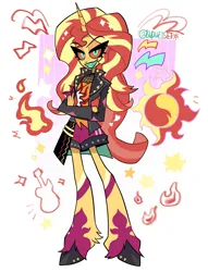 Size: 1691x2212 | Tagged: safe, artist:budweiset, derpibooru import, part of a set, sunset shimmer, anthro, demon, unguligrade anthro, equestria girls, clothes, colored sclera, colored teeth, crossed arms, cutie mark, cutie mark background, cyan teeth, demonized, emanata, fangs, female, fire, g4, grin, hellaverse, horn, image, jacket, leg markings, looking at you, orange sclera, passepartout, png, sharp teeth, shorts, simple background, smiling, solo, sparkles, species swap, standing, teeth, thick eyelashes, unshorn fetlocks, white background