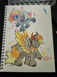 Size: 3000x4000 | Tagged: safe, artist:crazysketch101, derpibooru import, oc, oc:ashton burnside, oc:crazy looncrest, pegasus, pony, horns, image, jpeg, ship:burncrest, traditional art, unshorn fetlocks, watercolor painting