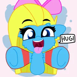 Size: 720x720 | Tagged: safe, derpibooru import, oc, oc:cuteamena, unofficial characters only, earth pony, pony, bow, clothes, cute, hair bow, hooves out, hug, hug request, image, png, socks, solo, tongue out, uvula