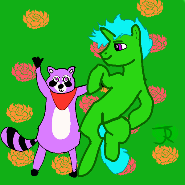 Size: 768x768 | Tagged: safe, artist:joeydr, derpibooru import, oc, oc:green byte, pony, raccoon, unicorn, atg 2024, horn, image, indigo park (video game), male, newbie artist training grounds, png, rambley raccoon, stallion