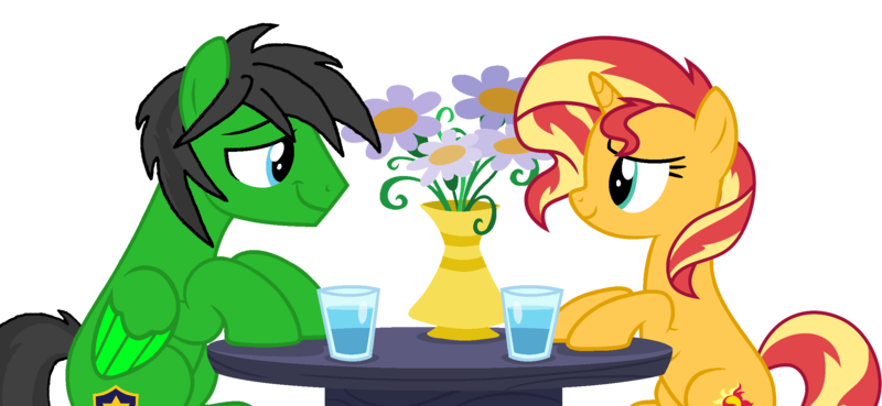 Size: 2354x1086 | Tagged: safe, artist:star-armour95, derpibooru import, sunset shimmer, oc, oc:star armour, pegasus, pony, unicorn, canon x oc, date, facing each other, female, flower, glass, horn, image, male, mare, png, simple background, smiling, stallion, table, transparent background, vase, water