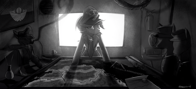 Size: 2296x1048 | Tagged: safe, artist:madragon, derpibooru import, equestria at war mod, cap, clothes, coffe mug, faceless female, faceless male, female, fire extinguisher, flag, general, glasses, hat, image, male, map, monochrome, necktie, offscreen character, offscreen male, pencils, png, projector, serious, serious face, solar empire, uniform, war room