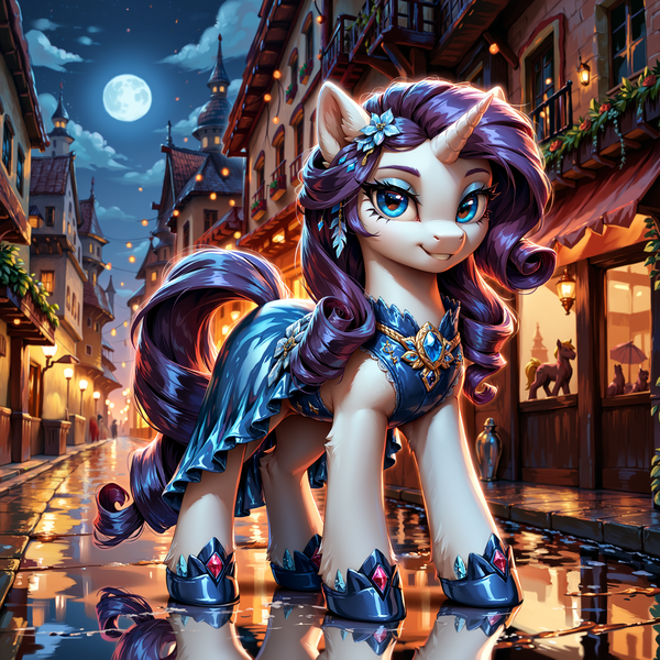 Size: 2048x2048 | Tagged: safe, ai content, derpibooru import, machine learning generated, stable diffusion, rarity, pony, unicorn, canterlot, clothes, dress, female, g4, generator:pony diffusion v6 xl, horn, image, lantern, looking at you, mare, moon, night, png, prompter:ada, reflection, street