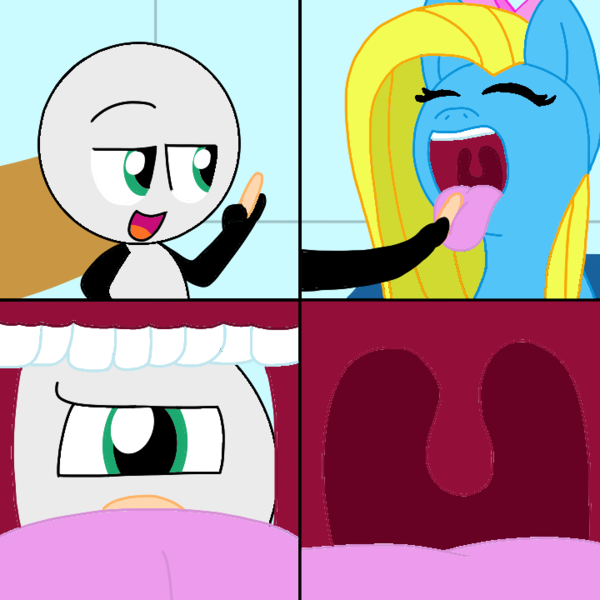 Size: 720x720 | Tagged: suggestive, derpibooru import, oc, oc:cuteamena, earth pony, pony, checkup, cooper doodlian, cute, doctor, doodland, duo, duo male and female, female, image, inside mouth, male, maw, mouth cam, open mouth, png, tongue depressor, tongue out, uvula