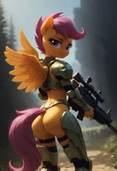 Size: 2496x3648 | Tagged: suggestive, ai content, derpibooru import, machine learning generated, prompter:madlyirrelevant, stable diffusion, scootaloo, anthro, pegasus, armor, butt, casual exposure, facing away, g4, generator:pony diffusion v6 xl, gun, halo (series), image, impractical clothing, looking at you, looking back, looking back at you, mjolnir (armor), nudity, outdoors, partial nudity, png, rifle, scootabutt, smiling, tail, thigh squish, thighs, weapon, winged anthro, wings