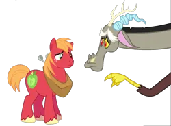 Size: 1348x992 | Tagged: safe, derpibooru import, edit, vector edit, big macintosh, discord, draconequus, earth pony, pony, discomac, gay, image, male, png, pouting, shipping, simple background, transparent background, vector, vector used