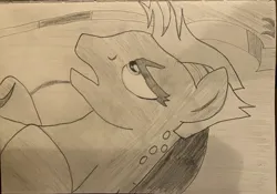 Size: 4028x2814 | Tagged: safe, artist:mlpfantealmintmoonrise, derpibooru import, sky stinger, pegasus, pony, atg 2024, g4, image, jpeg, male, monochrome, newbie artist training grounds, pencil drawing, scene interpretation, stallion, traditional art