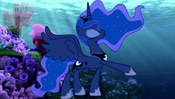 Size: 1280x720 | Tagged: safe, ai content, derpibooru import, machine learning assisted, princess luna, alicorn, pony, ai cover, ai voice, animated, blue mane, blue tail, coral, crepuscular rays, ethereal mane, ethereal tail, eyes closed, eyeshadow, female, finding nemo, flowing mane, flowing tail, hoof shoes, image, makeup, mare, ocean, peytral, seaweed, solo, spread wings, starry mane, starry tail, sunlight, swimming, tail, underwater, water, webm, wings