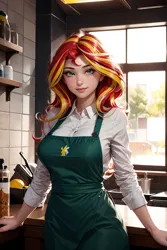 Size: 1024x1536 | Tagged: safe, ai content, derpibooru import, machine learning generated, sunset shimmer, human, apron, big breasts, breasts, busty sunset shimmer, cafe, cleavage, clothes, collarbone, female, g4, generator:yodayo, humanized, image, indoors, jpeg, long hair, long sleeved shirt, long sleeves, looking back, prompter:sammykun, shirt, shop, solo, starbucks, thighs, tight clothing, white shirt, wide hips, window