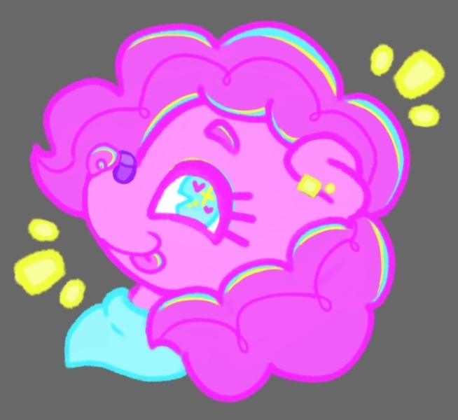 Size: 686x629 | Tagged: safe, artist:sillybugdrawz, derpibooru import, neon lights, rising star, oc, oc:puppy pie, dog, bandana, ear piercing, female, image, jpeg, neon, not pinkie pie, piercing, puppy, smiling, solo, sticker, sticker design, tongue out