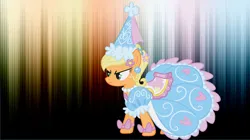 Size: 739x415 | Tagged: safe, derpibooru import, edit, applejack, earth pony, pony, look before you sleep, angry, clothes, dress, female, froufrou glittery lacy outfit, g4, glare, hat, hennin, image, jewelry, jpeg, mare, necklace, outfit catalog, pearl necklace, princess, princess applejack, puffy sleeves, solo