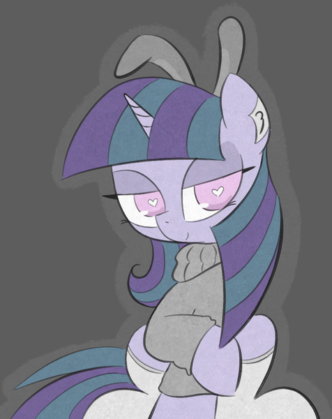 Size: 810x1020 | Tagged: safe, artist:castafae, derpibooru import, oc, oc:constellation cradle, unofficial characters only, pony, unicorn, bedroom eyes, bootleg, bunny ears, clothes, female, heart, heart eyes, horn, image, looking at you, mare, not twilight sparkle, png, raised hoof, sitting, socks, solo, stockings, sweater, thigh highs, wingding eyes