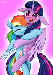 Size: 2480x3507 | Tagged: safe, artist:twidasher, derpibooru import, rainbow dash, twilight sparkle, twilight sparkle (alicorn), alicorn, pegasus, pony, :3, blushing, cute, dashabetes, duo, duo female, eyes closed, female, horn, hug, image, lesbian, mare, open mouth, png, shipping, tail, twiabetes, twidash, wings