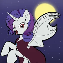 Size: 1280x1280 | Tagged: safe, artist:bunnyweinberger, derpibooru import, rarity, bat pony, pony, unicorn, bat ponified, female, full moon, horn, image, jpeg, mare, moon, night, open mouth, race swap, raribat, solo