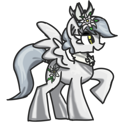 Size: 514x506 | Tagged: safe, artist:anonymous, derpibooru import, oc, oc:edelweiss, ponified, pegasus, pony, crown, drawthread, female, flower, flower in hair, image, jewelry, mare, pegasus oc, png, regalia, requested art, solo, tokidoki, unicorno, wings