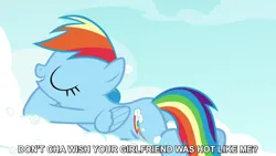 Size: 1280x720 | Tagged: safe, derpibooru import, edit, edited screencap, editor:jaredking779, screencap, rainbow dash, pegasus, pony, season 4, testing testing 1-2-3, butt, caption, female, folded wings, g4, image, jpeg, mare, open mouth, plot, solo, song reference, text, the pussycat dolls, wings