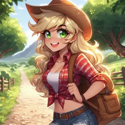 Size: 1024x1024 | Tagged: safe, ai content, derpibooru import, generator:copilot, machine learning generated, applejack, human, anime, applebetes, applejack's hat, backpack, belt, blushing, clothes, cowboy hat, cute, denim, denim shorts, dirt road, fence, front knot midriff, g4, generator:dall-e 3, hat, humanized, image, jackabetes, jpeg, looking at you, midriff, nature, outdoors, shirt, shorts, smiling, smiling at you, solo, standing, stetson, tree