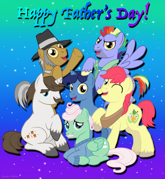 Size: 2358x2550 | Tagged: safe, artist:jac59col, derpibooru import, bow hothoof, bright mac, gentle breeze, hondo flanks, igneous rock pie, night light, earth pony, pegasus, pony, unicorn, clothes, dad six, father, father's day, g4, hat, horn, image, male, mane six opening poses, png, stallion, unshorn fetlocks