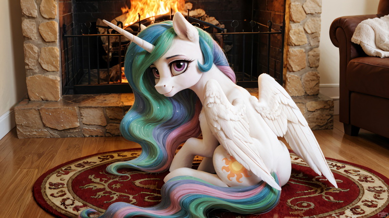 Size: 2560x1440 | Tagged: safe, ai content, artist:dovakkins, derpibooru import, machine learning assisted, princess celestia, alicorn, pony, carpet, cute, cutelestia, ear fluff, female, fireplace, folded wings, g4, image, jpeg, living room, looking at you, mare, missing accessory, raised hoof, shy, sitting, smiling, smiling at you, solo, tail, watermark, wavy mane, wavy tail, wings