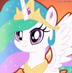 Size: 1980x1986 | Tagged: safe, derpibooru import, princess celestia, alicorn, pony, :3, crown, cute, cutelestia, female, g4, gem, horn, image, jewelry, looking at you, mare, outdoors, png, regalia, shading, solo, sparkles, spread wings, sunset, wings