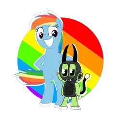 Size: 720x720 | Tagged: safe, artist:cooperthedoodlian, derpibooru import, rainbow dash, beetle, insect, pegasus, pony, bipedal, doodland, duo, duo male and female, female, g4, image, male, mantisgirl, my singing monsters, png, simple background, slapoda, standing, transparent background