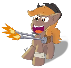 Size: 1829x1755 | Tagged: safe, artist:zeccy, derpibooru import, oc, oc:calamity, unofficial characters only, pony, fallout equestria, atg 2024, gun, image, muzzle flash, newbie artist training grounds, png, simple background, solo, transparent background, weapon