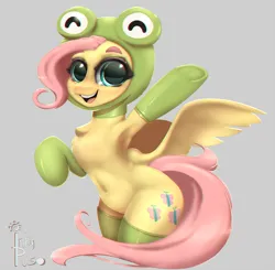 Size: 1000x980 | Tagged: safe, artist:inkypuso, derpibooru import, fluttershy, pegasus, pony, animal costume, armpits, belly button, bipedal, chest fluff, clothes, costume, cute, female, frog costume, g4, gray background, hind legs, image, legs together, looking at you, mare, open mouth, open smile, png, shyabetes, simple background, smiling, smiling at you, solo, spread wings, wings