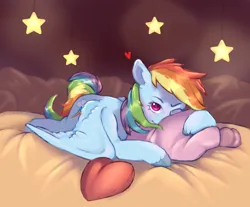 Size: 3500x2900 | Tagged: safe, artist:sshakess, derpibooru import, rainbow dash, pegasus, pony, cute, dashabetes, female, floating heart, g4, heart, heart pillow, high res, hug, image, jpeg, looking at you, lying down, mare, one eye closed, partially open wings, pillow, pillow hug, prone, smiling, smiling at you, solo, stars, wings