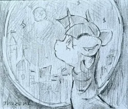 Size: 2048x1740 | Tagged: safe, artist:laymy, derpibooru import, twilight sparkle, pony, unicorn, bust, female, full moon, g4, grayscale, image, jpeg, looking up, mare, monochrome, moon, night, pencil drawing, solo, traditional art, unicorn twilight, window