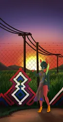 Size: 3616x7016 | Tagged: safe, artist:tenenbris, derpibooru import, oc, oc:sweet release, unofficial characters only, anthro, pony, unguligrade anthro, anthro oc, apron, boots, chain link fence, clothes, female, fence, field, gas mask, graffiti, green mane, image, mare, mask, png, red coat, shoes, solo, sunset, telephone pole