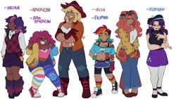 Size: 3840x2160 | Tagged: safe, artist:channydraws, derpibooru import, applejack, fluttershy, pinkie pie, rainbow dash, rarity, twilight sparkle, human, belly button, blackwashing, boots, breasts, cleavage, clothes, compression shorts, dark skin, denim, denim shorts, diverse body types, elf ears, female, fingerless gloves, glasses, gloves, goggles, goggles on head, grin, height difference, humanized, image, jeans, light skin, looking at you, mane six, midriff, moderate dark skin, nationality, one eye closed, pants, png, rainbow socks, shoes, shorts, simple background, skirt, smiling, sneakers, socks, stockings, striped socks, sweater vest, tan skin, thigh highs, white background, wink, winking at you