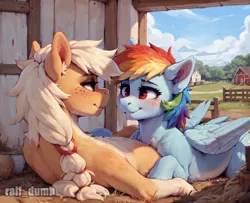 Size: 1024x832 | Tagged: safe, ai content, derpibooru import, generator:easyfluff v10-prerelease, machine learning generated, prompter:raif, stable diffusion, applejack, rainbow dash, earth pony, pegasus, pony, farm, g4, image, png