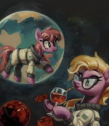 Size: 1122x1290 | Tagged: safe, artist:yidwags, ponerpics import, berry punch, berryshine, grace manewitz, art pack:nuclear neighs and deco days, drinking, drinking straw, equestrian flag, floating, image, paywall content, planet, png, space