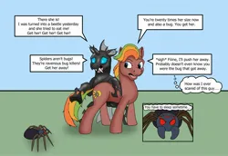 Size: 2414x1659 | Tagged: safe, artist:termyotter, derpibooru import, oc, oc:macrophage, oc:spectrum gear, changeling, earth pony, pony, spider, atg 2024, image, jpeg, male, newbie artist training grounds, stallion