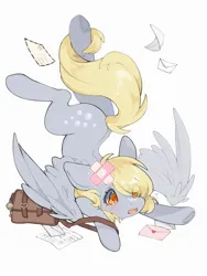 Size: 1500x2000 | Tagged: safe, artist:aniimoni, derpibooru import, derpy hooves, pegasus, pony, bag, crying, derpy being derpy, digital art, emanata, female, g4, gray coat, image, jpeg, letter, mailmare, mare, postcard, simple background, spread wings, white background, wings, yellow eyes, yellow mane