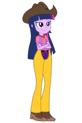 Size: 2000x3000 | Tagged: safe, artist:ajosterio, artist:user15432, derpibooru import, edit, vector edit, twilight sparkle, twilight sparkle (alicorn), alicorn, human, equestria girls, belt, belt buckle, boots, clothes, cowboy boots, cowboy hat, cowgirl, cowgirl boots, cowgirl outfit, crossed arms, hat, high heel boots, image, pants, png, princess peach showtime, sheriff's badge, shirt, shoes, smiling, vector, vest