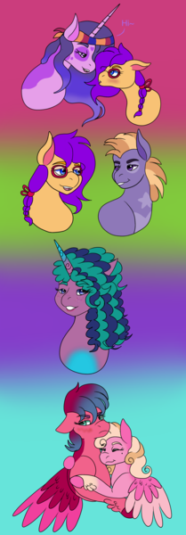 Size: 1600x4600 | Tagged: safe, artist:bluefinarts, derpibooru import, hitch trailblazer, izzy moonbow, pipp petals, sunny starscout, zipp storm, earth pony, pegasus, pony, unicorn, g5, applejack (g5), beauty mark, blushing, braid, concept design, embarrassed, eyes closed, female, flirting, floppy ears, fluttershy (g5), freckles, gradient background, headband, horn, hug, image, lesbian, looking at each other, looking at someone, looking away, male, mane five, mane six (g5), mare, misty brightdawn, open mouth, open smile, pinkie pie (g5), png, rainbow dash (g5), rarity (g5), royal sisters (g5), ship:moonscout, shipping, siblings, sisters, smiling, smirk, stallion, twilight sparkle (g5), unshorn fetlocks, wings