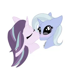 Size: 3313x3128 | Tagged: safe, artist:tkshoelace, derpibooru import, starlight glimmer, trixie, pony, unicorn, blushing, duo, duo female, eyes closed, female, floppy ears, horn, horns, image, kiss on the cheek, kissing, lesbian, png, shipping, simple background, startrix, white background