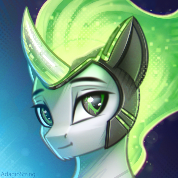 Size: 2000x2000 | Tagged: safe, artist:adagiostring, derpibooru import, oc, unofficial characters only, pony, bust, headshot commission, helmet, horn, image, light skin, looking at you, magic, male, male oc, plastic, png, portrait, prosthetic eye, prosthetics, solo, solo focus