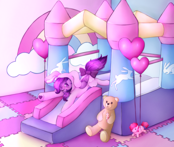 Size: 4186x3530 | Tagged: safe, artist:kirari_chan, derpibooru import, pinkie pie, oc, oc:emilia starsong, unofficial characters only, pegasus, pony, rabbit, advertisement, animal, animal costume, balloon, bottle, bouncy castle, bow, bunny costume, bunny suit, castle, clothes, commission, commission info, complex background, costume, cute, female, filly, foal, folded wings, full body, fully shaded, happy, heart, heart balloon, hoof heart, image, implied diaper, looking at you, onesie, pegasus oc, pink background, pinkie pie plushie, plushie, png, puzzle, rainbow, simple background, smiling, solo, solo female, teddy bear, wings