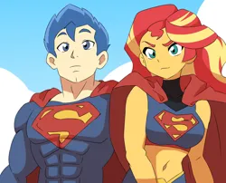 Size: 1280x1035 | Tagged: safe, artist:lirudraw, derpibooru import, flash sentry, sunset shimmer, equestria girls, crossover, dc comics, female, flashimmer, g4, image, jpeg, male, shipping, straight, superman