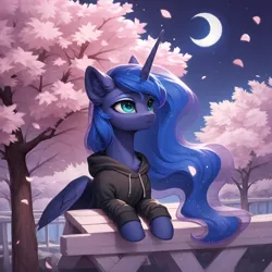 Size: 2048x2048 | Tagged: safe, ai content, derpibooru import, generator:autismmixpony, machine learning generated, stable diffusion, princess luna, alicorn, pony, cherry blossoms, chest fluff, clothes, ear fluff, flower, flower blossom, g4, hoodie, horn, image, moon, night, png, solo, wings