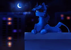 Size: 3508x2480 | Tagged: safe, artist:m_lik, derpibooru import, oc, oc:bluethecake, unicorn, balcony, eyepatch, horn, image, leonine tail, moon, night, png, tail