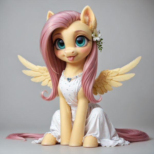 Size: 1440x1440 | Tagged: safe, ai content, derpibooru import, generator:pony realism 2.1, machine learning generated, fluttershy, pegasus, pony, :p, blushing, clothes, cute, dress, ear fluff, female, flower, flower in hair, g4, image, looking at you, mare, png, prompter:siber, realistic, shyabetes, silly, simple background, sitting, smiling, solo, spread wings, tongue out, wings