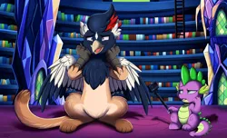 Size: 2409x1469 | Tagged: safe, artist:pridark, derpibooru import, spike, oc, oc:gusty, dragon, gryphon, fanfic:words of power, annoyed, book, bookshelf, camera, door, duo, fanfic art, griffon oc, image, ladder, library, png, shocked, shocked expression, twilight's castle, twilight's castle library