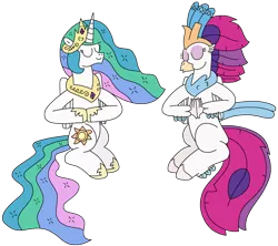 Size: 2380x2111 | Tagged: safe, artist:supahdonarudo, derpibooru import, princess celestia, queen novo, alicorn, classical hippogriff, hippogriff, my little pony: the movie, atg 2024, duo, duo female, eyes closed, female, image, meditating, newbie artist training grounds, png, simple background, sitting, transparent background