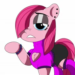 Size: 2048x2048 | Tagged: safe, artist:chickenking9, derpibooru import, pinkie pie, earth pony, pony, bracelet, chest fluff, clothes, ear piercing, eyeshadow, female, frown, g4, goth, goth pinkie, hair over one eye, image, jewelry, jpeg, lidded eyes, makeup, mare, open-chest sweater, piercing, pinkamena diane pie, raised hoof, shorts, simple background, solo, sweater, tail, white background